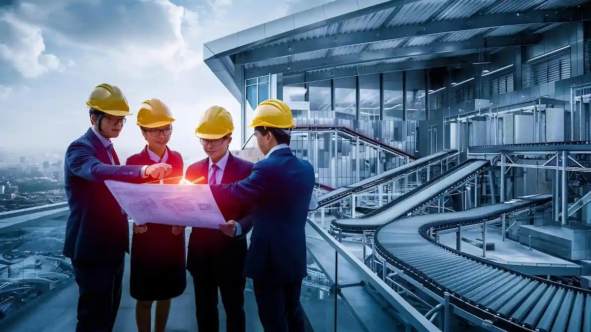 Industrial engineers reviewing architectural site blueprints outside a modern power plant infrastructure facility.