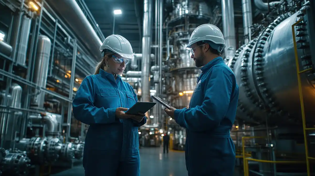 Industrial technical plant operators using a digital tablet to inspect high-pressure piping assemblies and boiler equipment