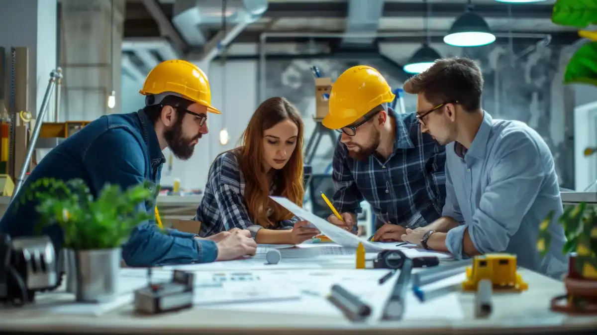 Powergent engineering specialists in hardhats reviewing structural boiler blueprints and design schematics