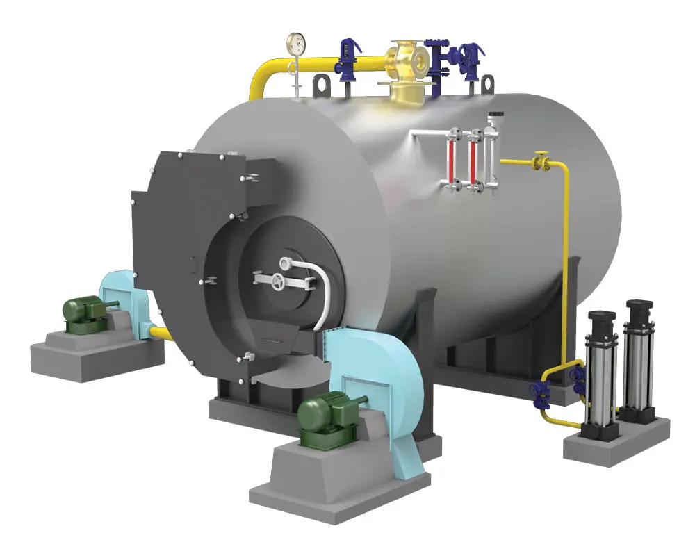 3D render of a industrial shell boiler utilizing bubbling bed combustion technology with specialized draft fans.